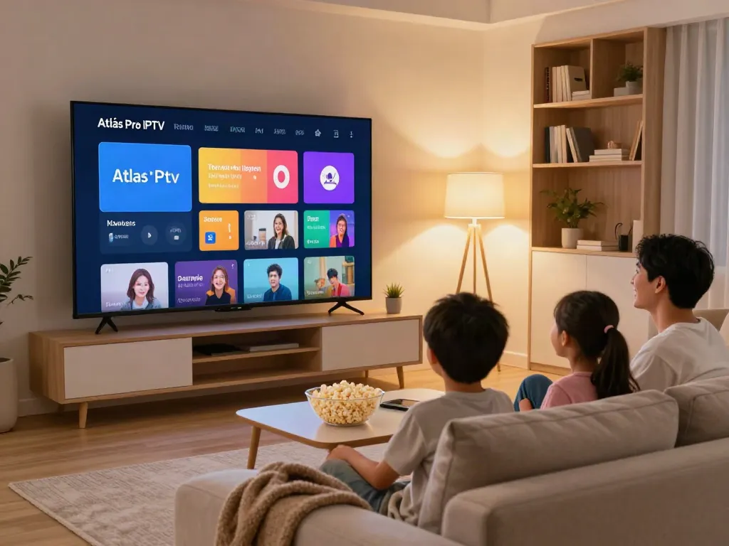 Famille profitant de l'expérience Atlas Pro IPTV dans un salon moderne chaleureux.