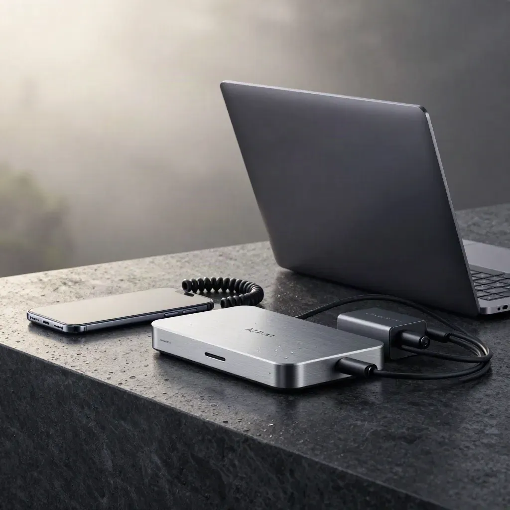 Hub de connexion, ultrabook fermé et smartphone sur pierre sombre, lumière avant l’aube.