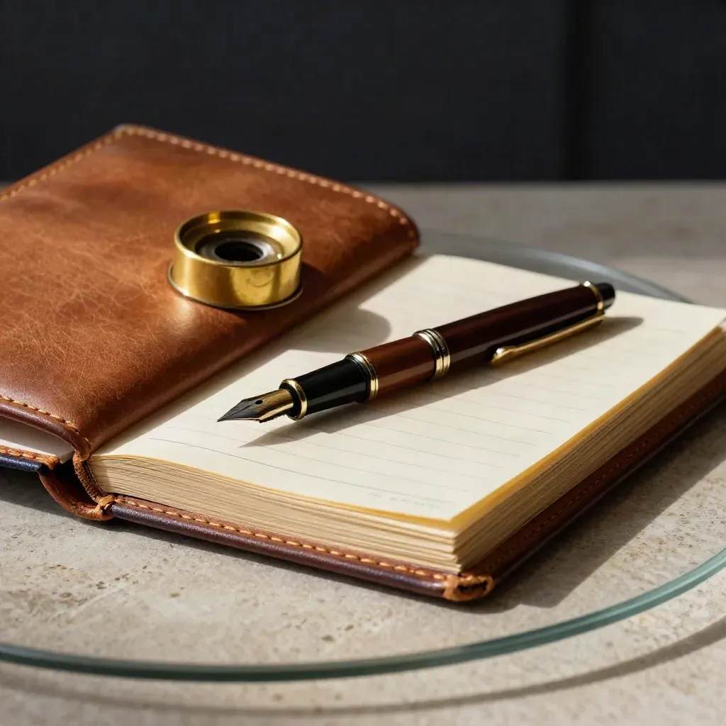 Folio en cuir, presse-papier en laiton et cartes empilées sur pierre, lumière dramatique.