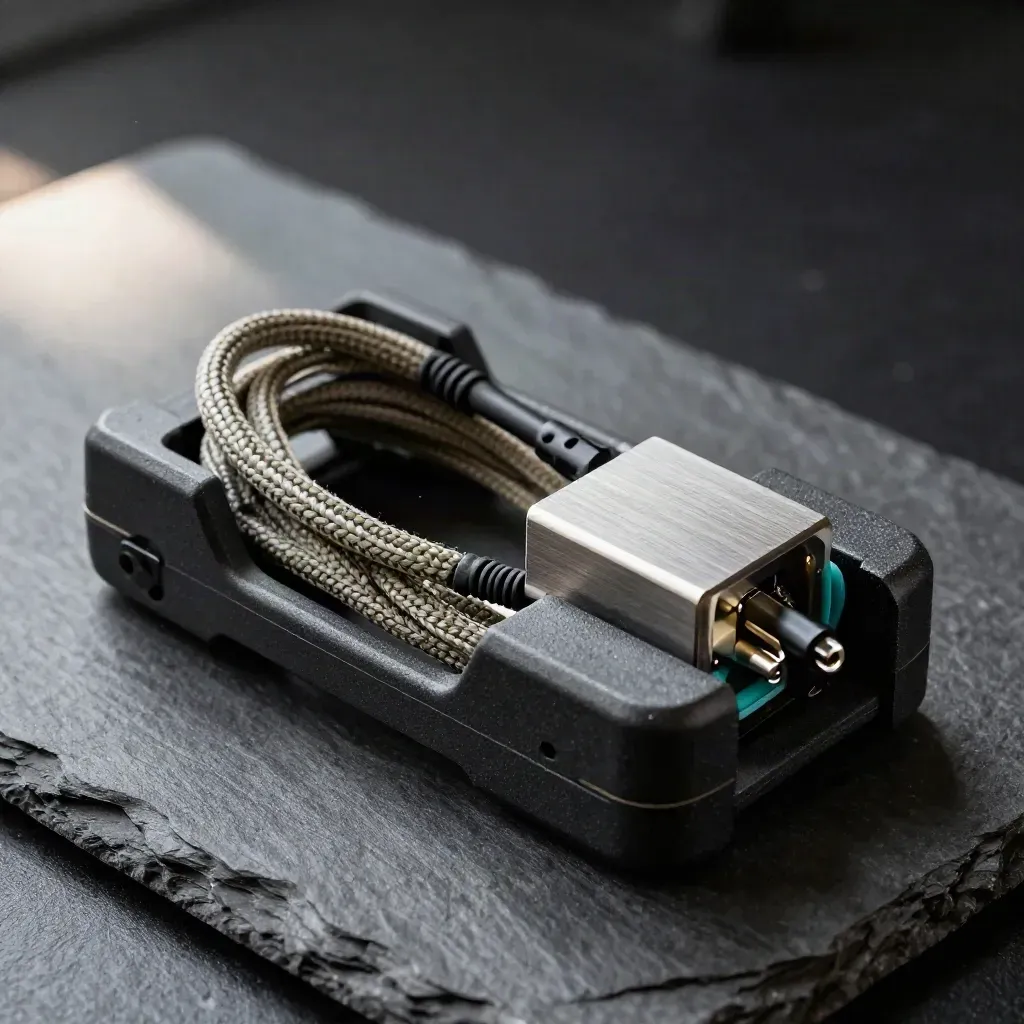 Gros plan d’un berceau de scanner, d’un câble tressé et d’un bloc chargeur sur ardoise.