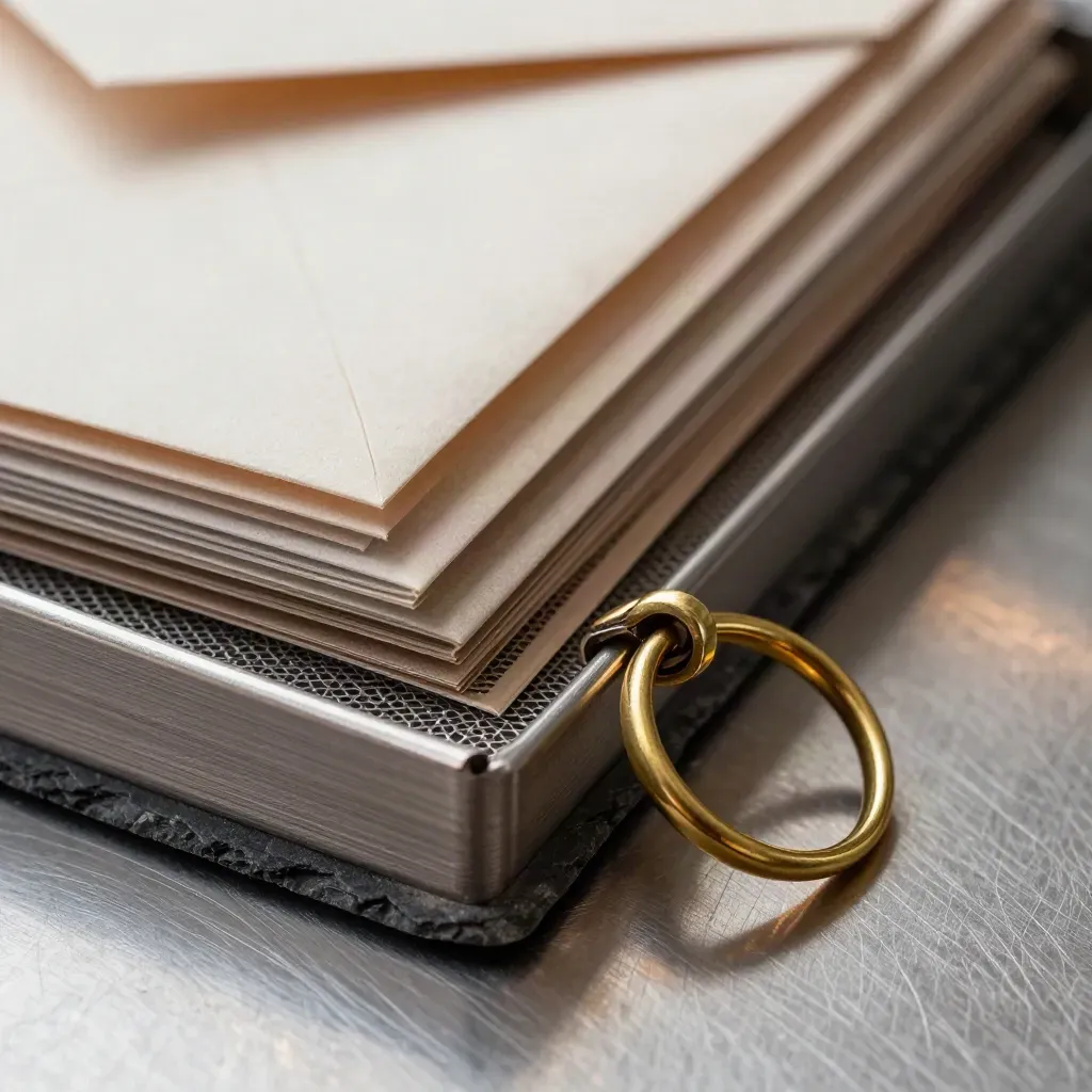 Gros plan de bacs d’archives en métal, clip en laiton et pochette d’enveloppe sur surface brossée.