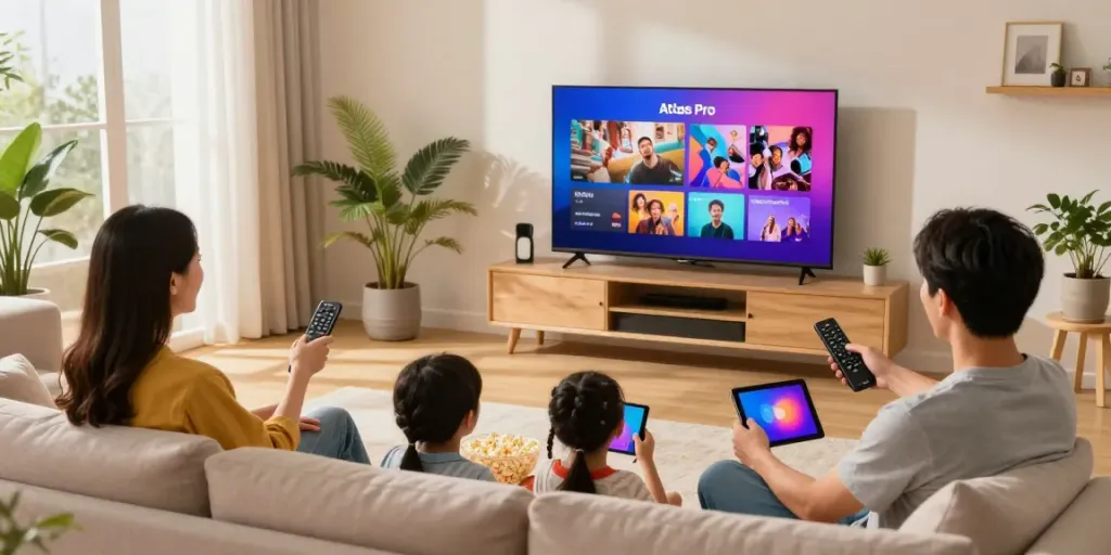Une famille vivant l'expérience de streaming d'Atlas pro ontv dans un salon lumineux.